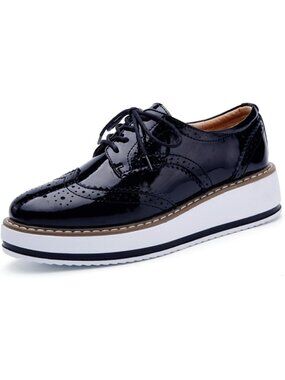 Womens Shine-Black Round Toe Lace Up Leather Oxford Shoes Wingtip White Platform